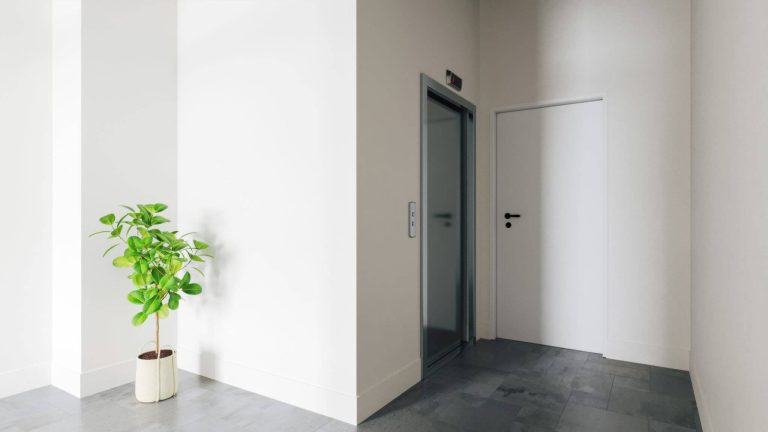 סאנטו אובדיו – גאיה מסדרון בניין עם מעלית ודלת לבנה, כולל עציץ ירוק בפינה.