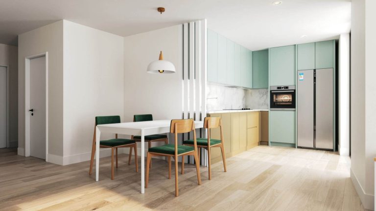 סאנטו אובדיו – גאיה מטבח מודרני בצבעי מנטה וזהב עם פינת אוכל מעוצבת וכיסאות ירוקים.