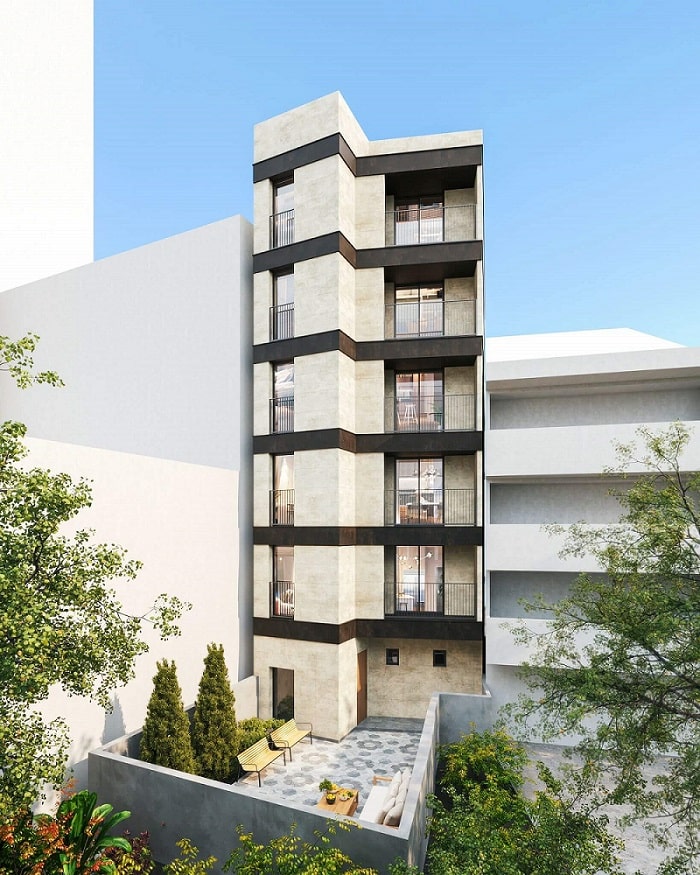 סאנטו אובדיו – גאיה בניין דירות מודרני רב-קומות עם חצר פרטית מעוצבת, ספסלים וצמחייה.