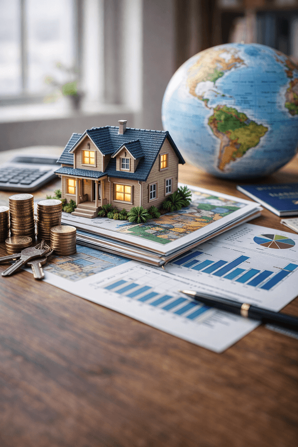 נדל״ן להשקעה גלובלית עם בית, מטבעות, מסמכים פיננסיים וגלובוס