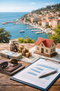 השקעה בנדל״ן בחו״ל עם נוף לעיר חוף, בית מיניאטורי, כסף ונתונים פיננסיים