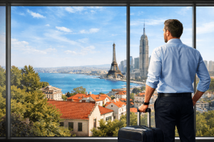 משקיע נדל"ן צופה על עיר אירופאית לקראת קניית דירה בחו"ל ובדיקות לפני רכישת נכס