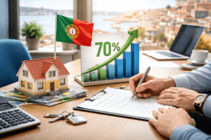 חתימה על מסמכי משכנתא בפורטוגל עם דגם בית, דגל פורטוגל וגרף עליית תשואה